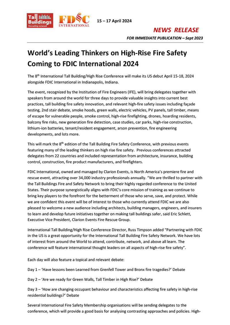 Image of Press Release 8th International Tall Building Fire Safety Conference April 2024